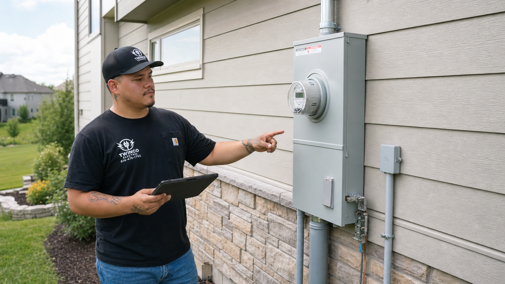Sam of Twinco Electric reviewing upgraded exterior residential service equipment