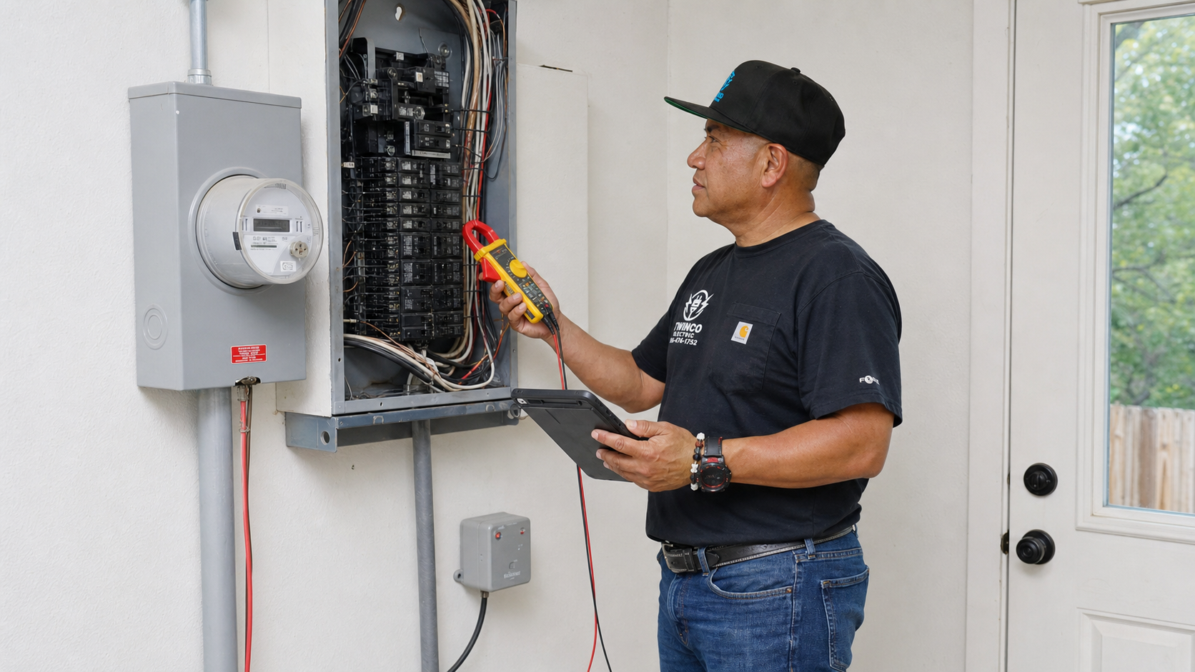 Mario of Twinco Electric evaluating residential electrical service with a clamp meter and tablet