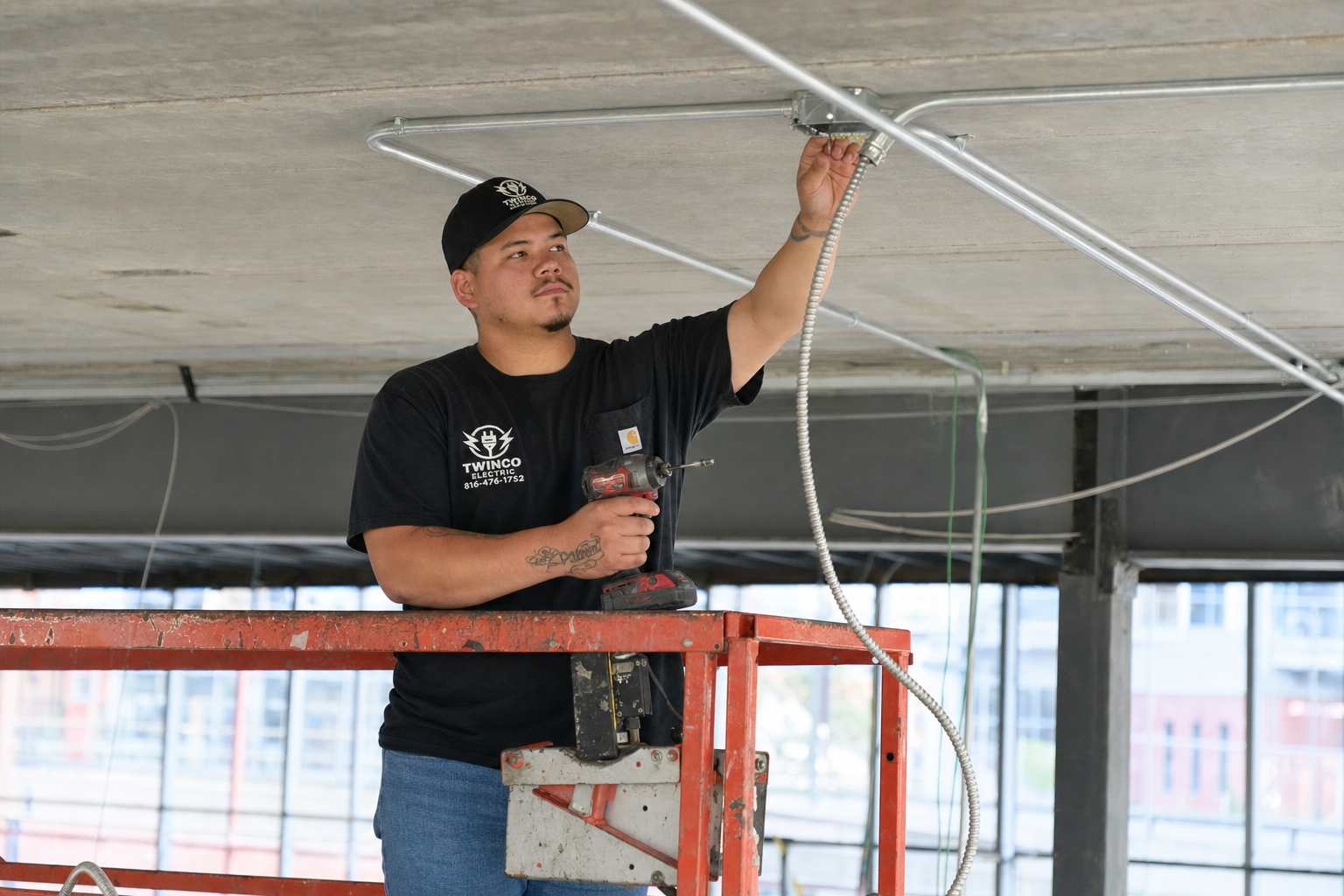Sam, a Twinco Electric electrician, performing commercial tenant improvement rough in