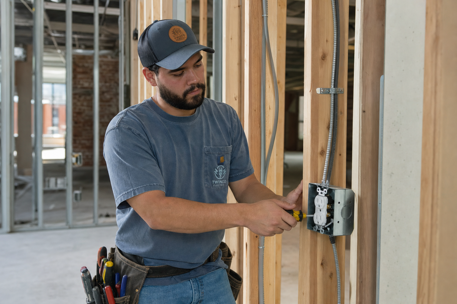 Simon, a Twinco Electric electrician, performing commercial office receptacle