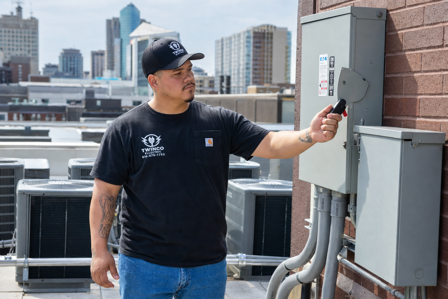 Sam, a Twinco Electric electrician, performing commercial rooftop service