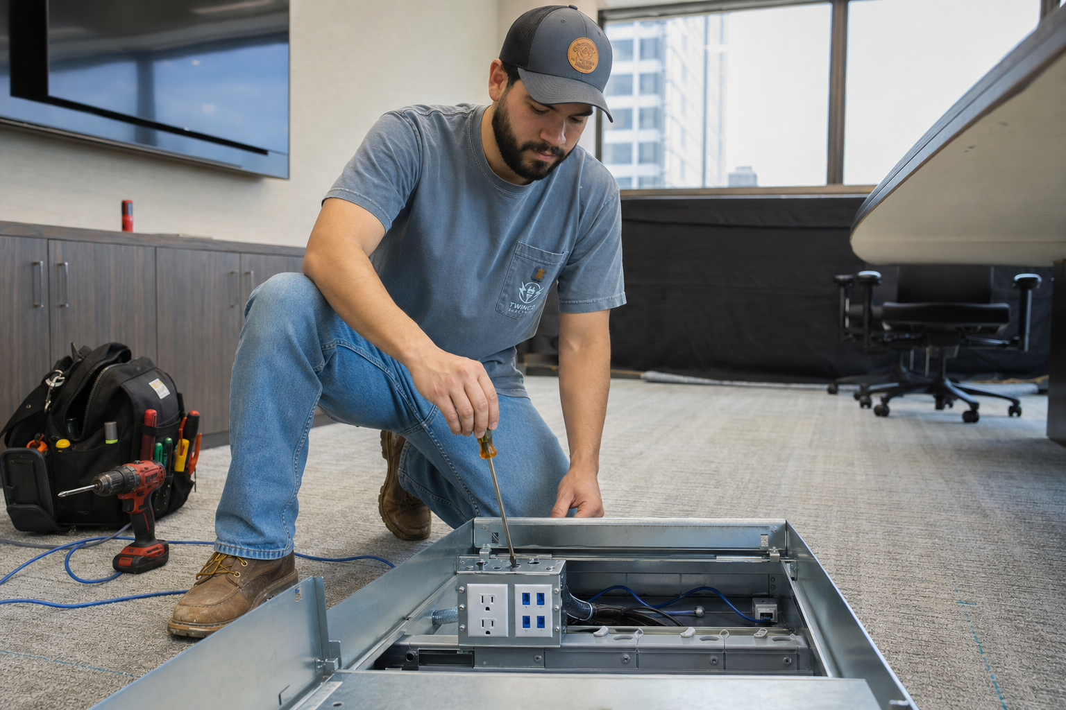 Simon, a Twinco Electric electrician, performing commercial floor box