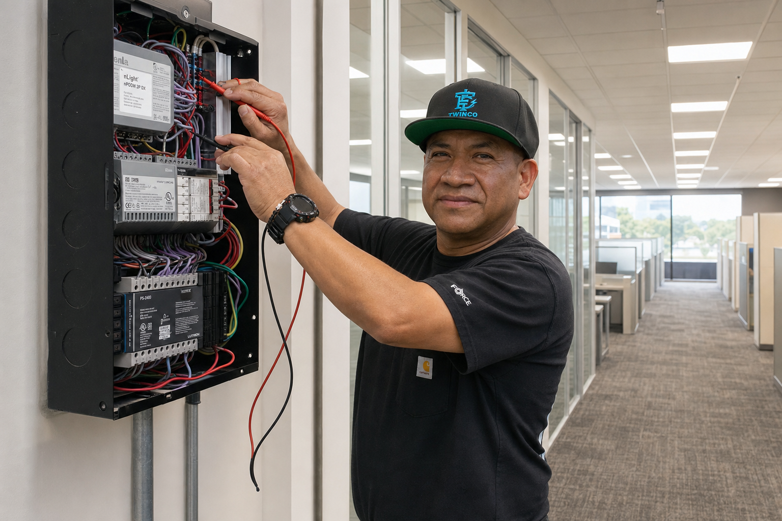 Mario, a Twinco Electric electrician, performing commercial lighting controls