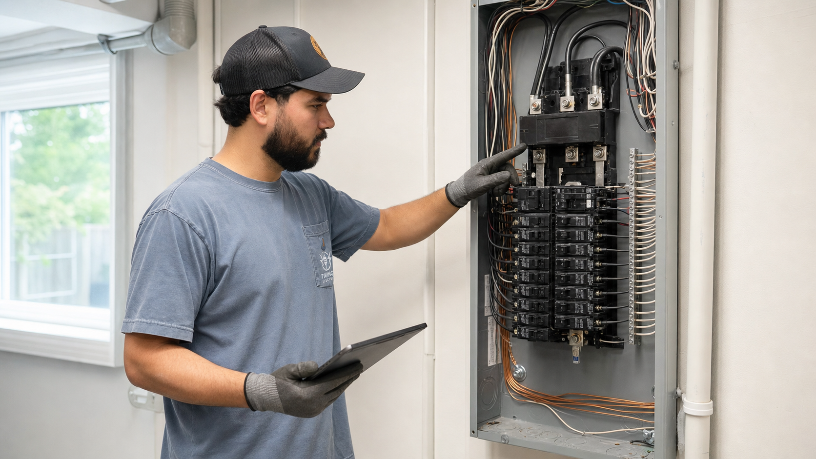 Simon of Twinco Electric reviewing upgraded residential electrical panel capacity