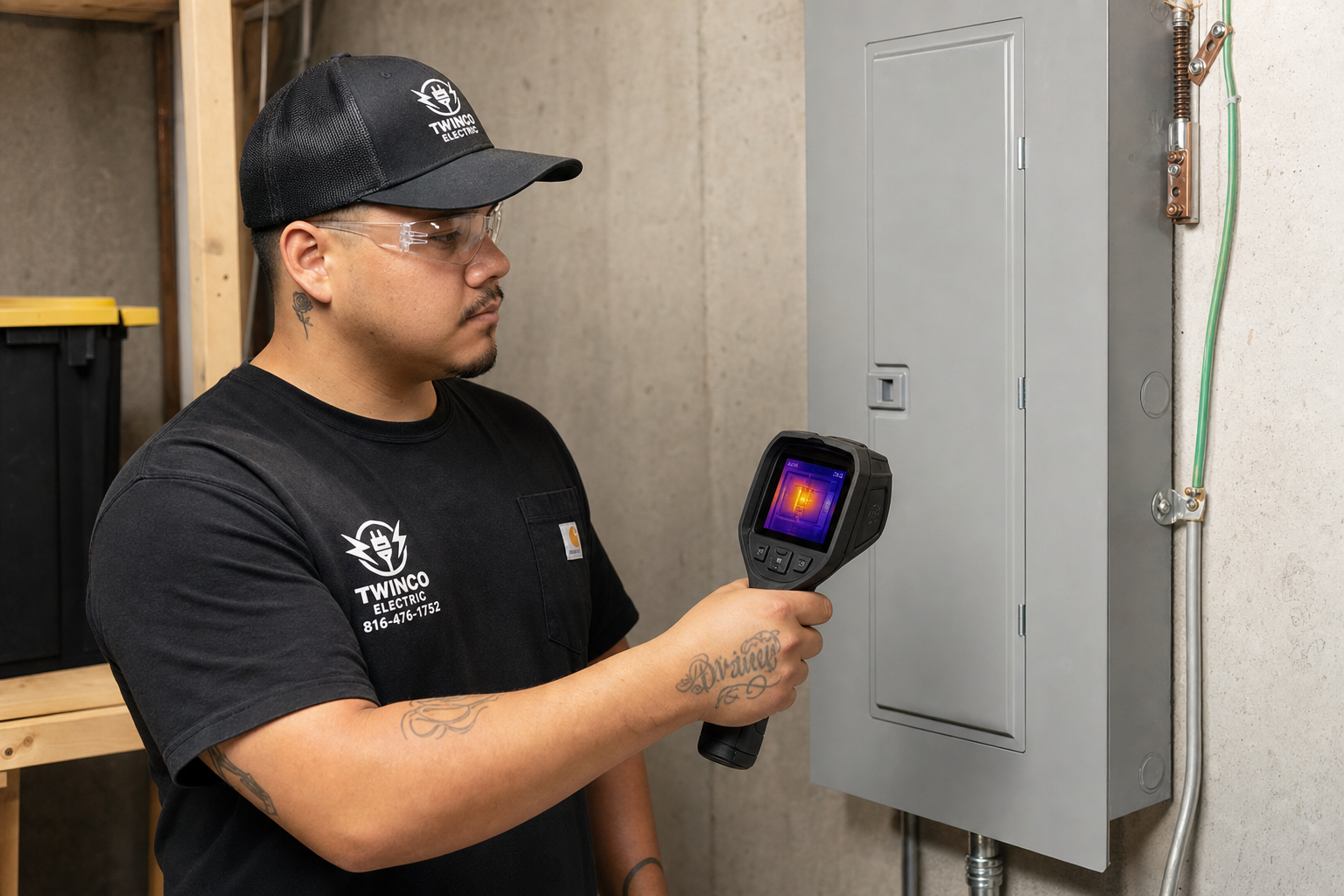 Sam of Twinco Electric using thermal imaging to inspect a closed residential electrical panel