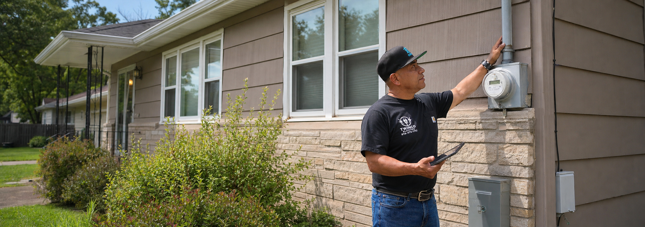 Mario of Twinco Electric evaluating exterior service equipment at an older home