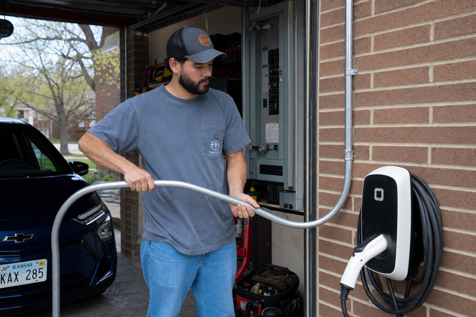Electrician installing conduit for a residential EV charger circuit