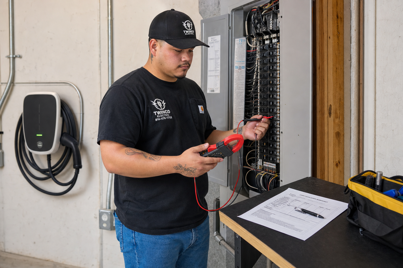 Residential electrician evaluating panel capacity for EV charger installation