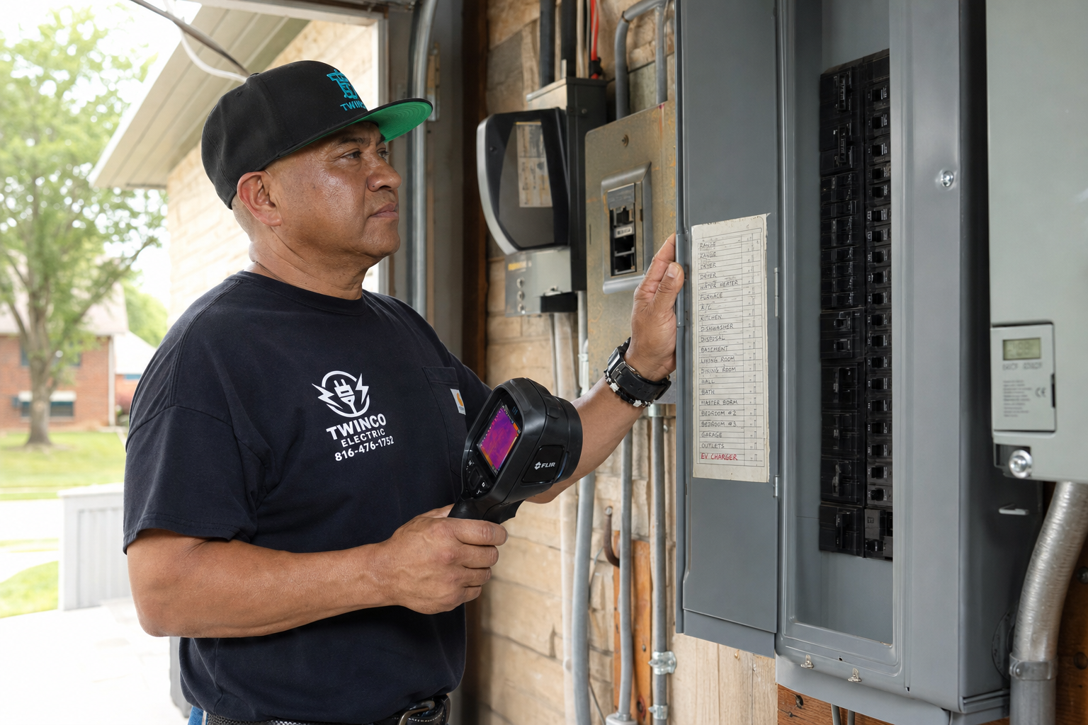 Electrician evaluating a residential electrical panel before EV charger installation