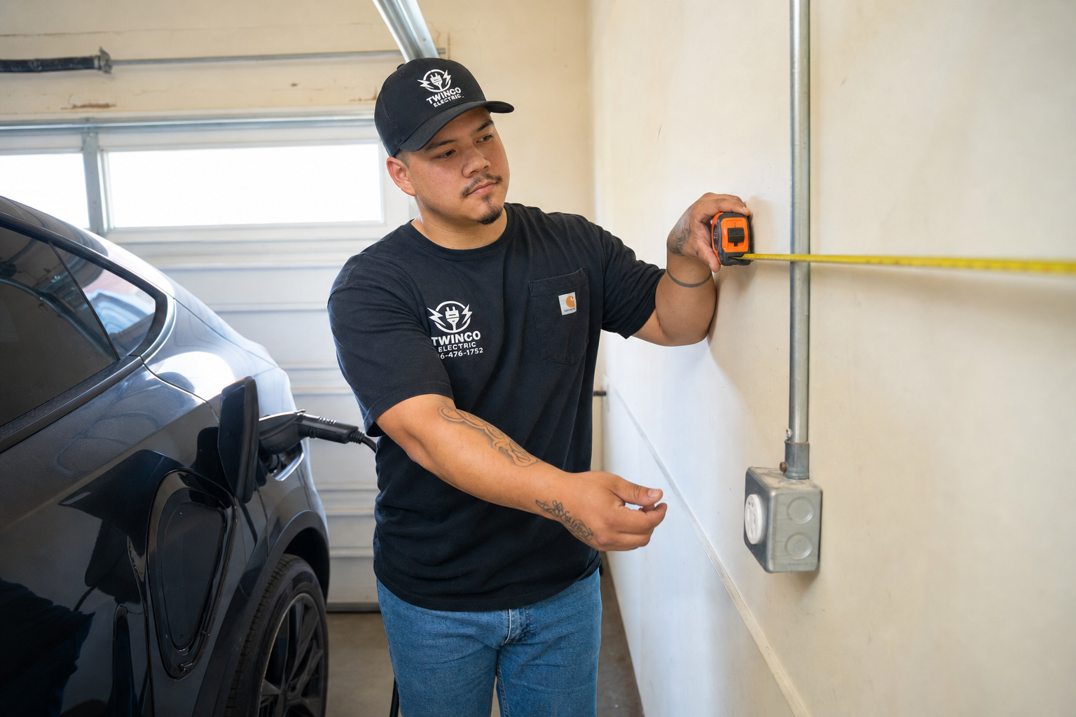 Homeowner planning EV charger location with residential electrician