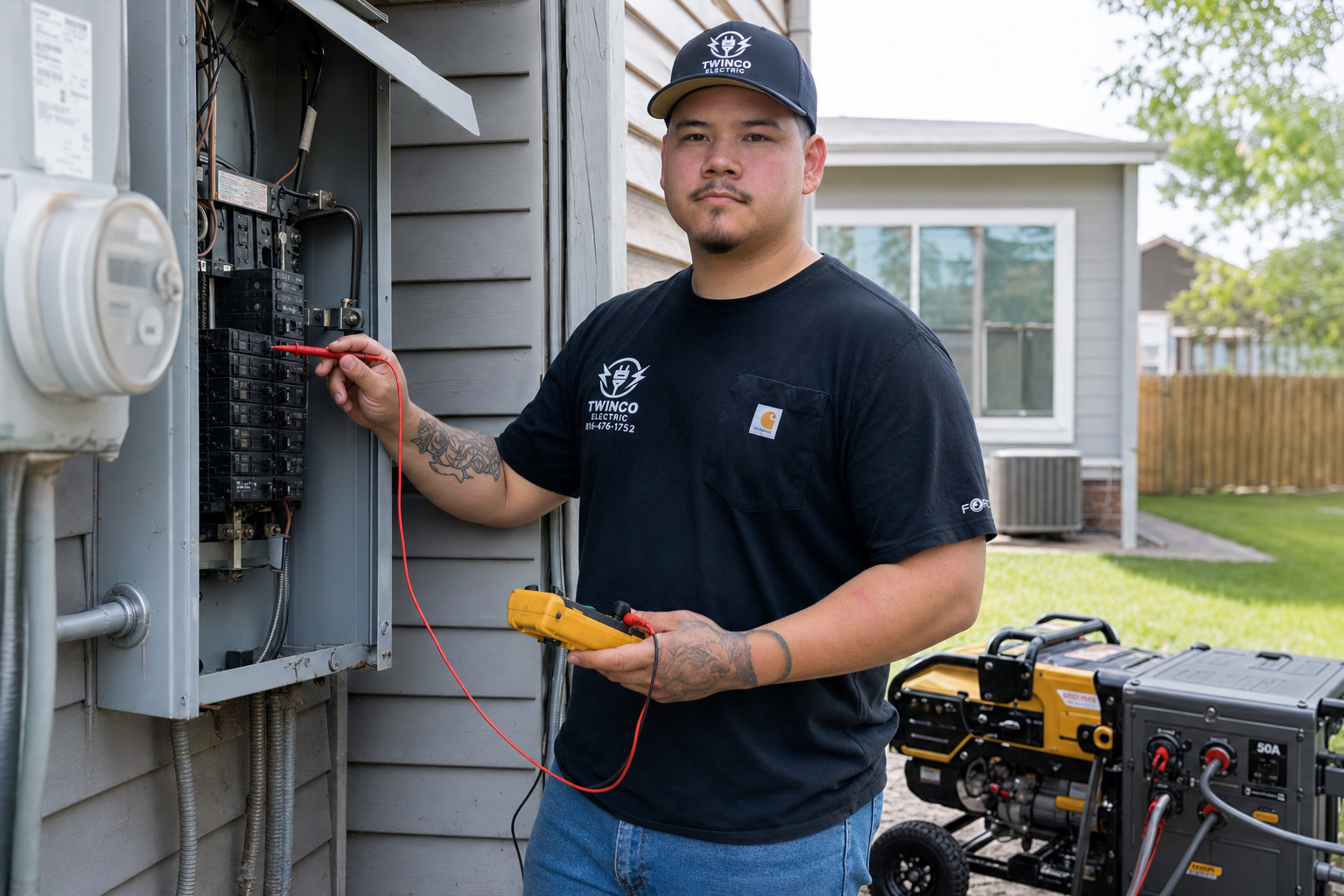 Electrician evaluating electrical panel before generator transfer switch installation