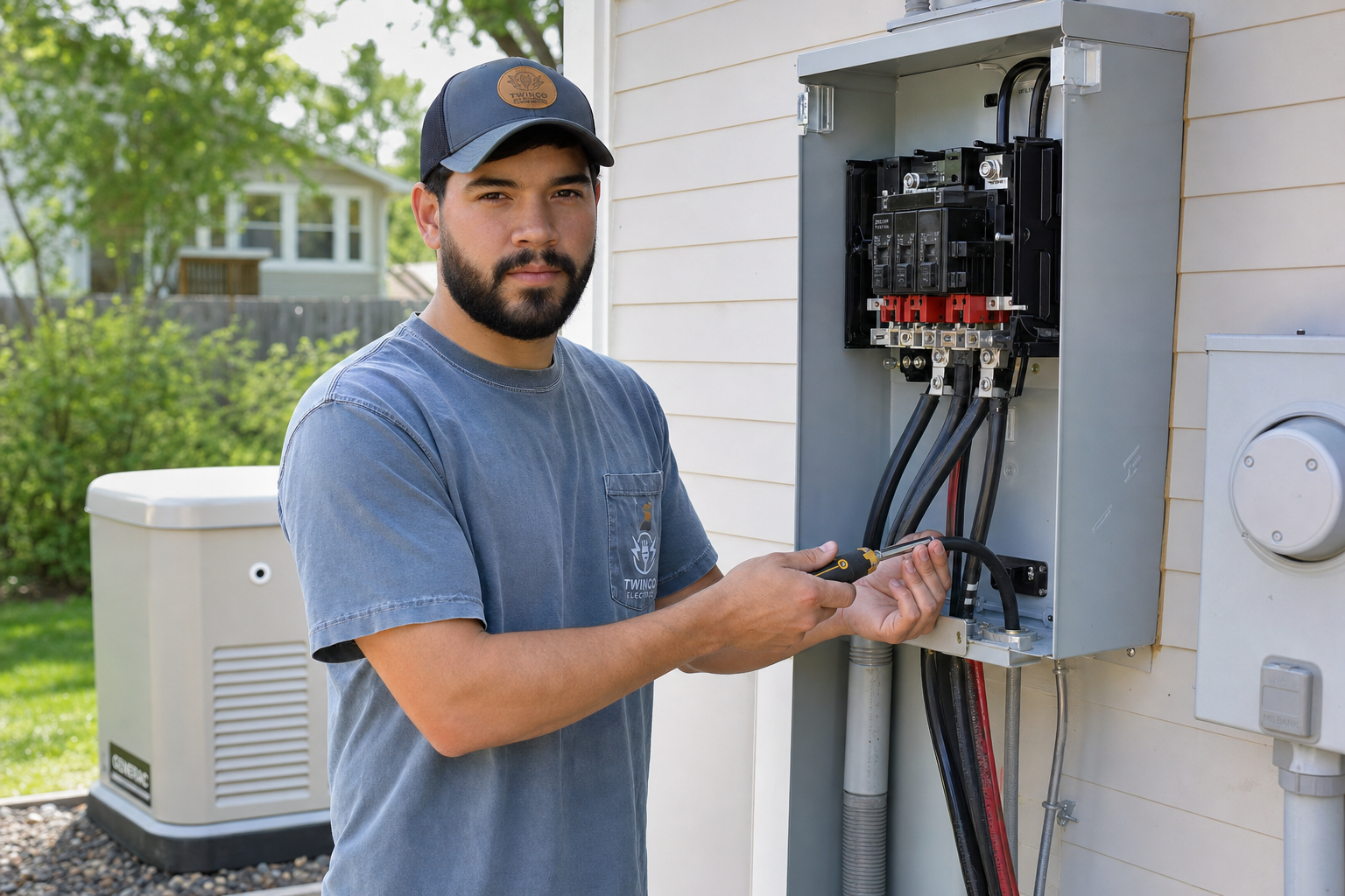 Electrician installing generator transfer switch equipment for a Kansas City area home