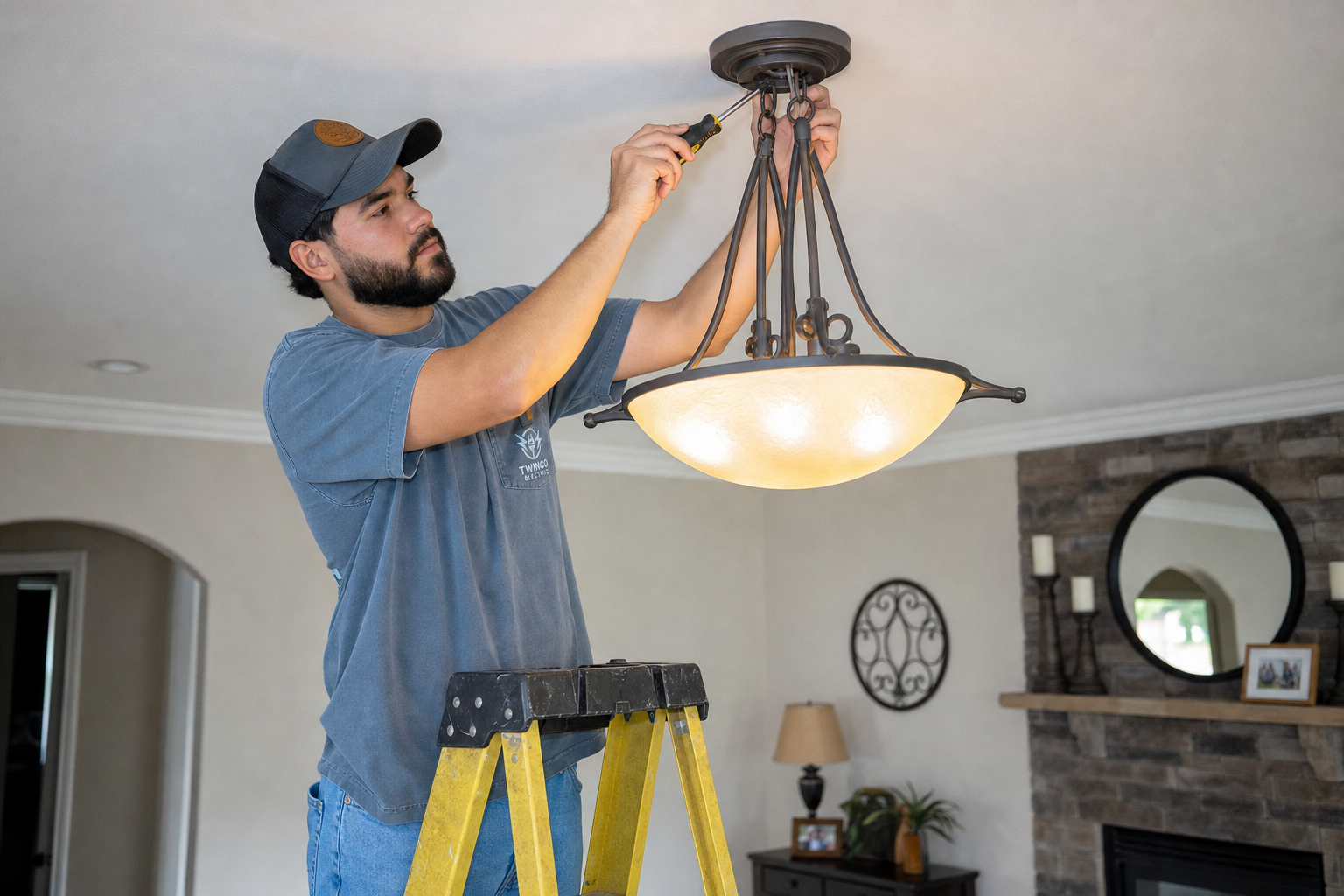 Electrician installing a ceiling light fixture in a home