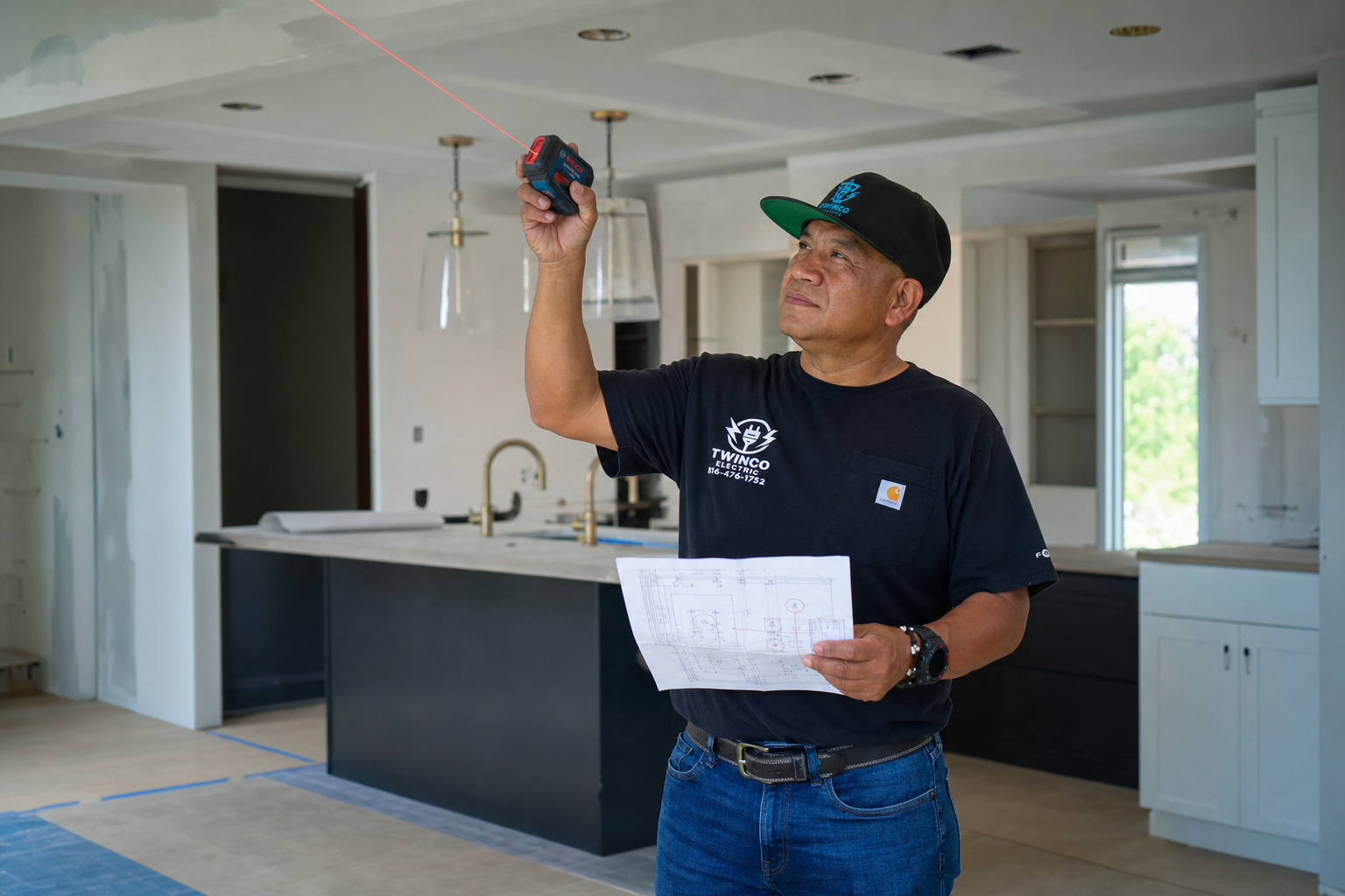 Electrician reviewing residential lighting layout during a remodel
