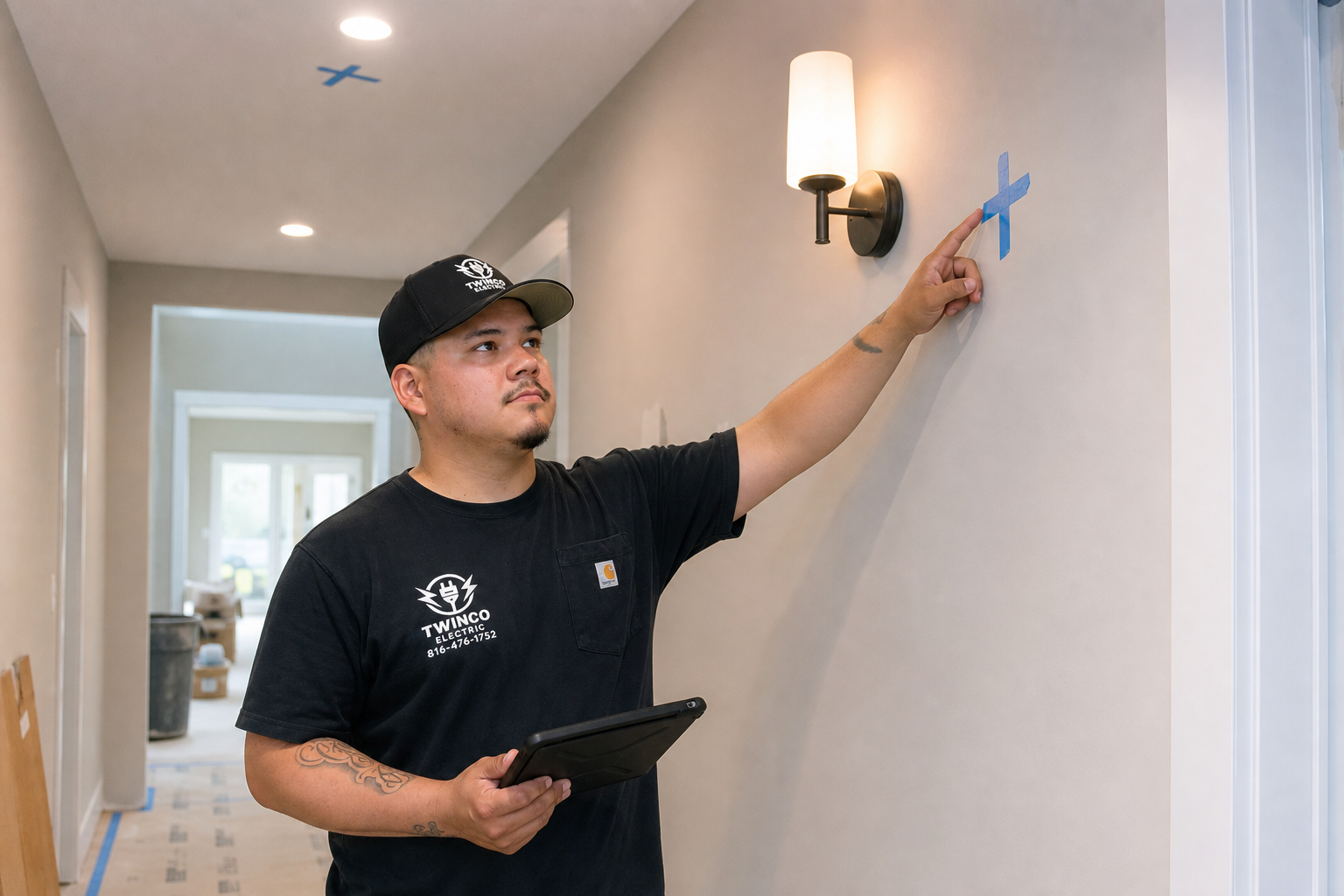 Electrician reviewing residential lighting layout during a remodel