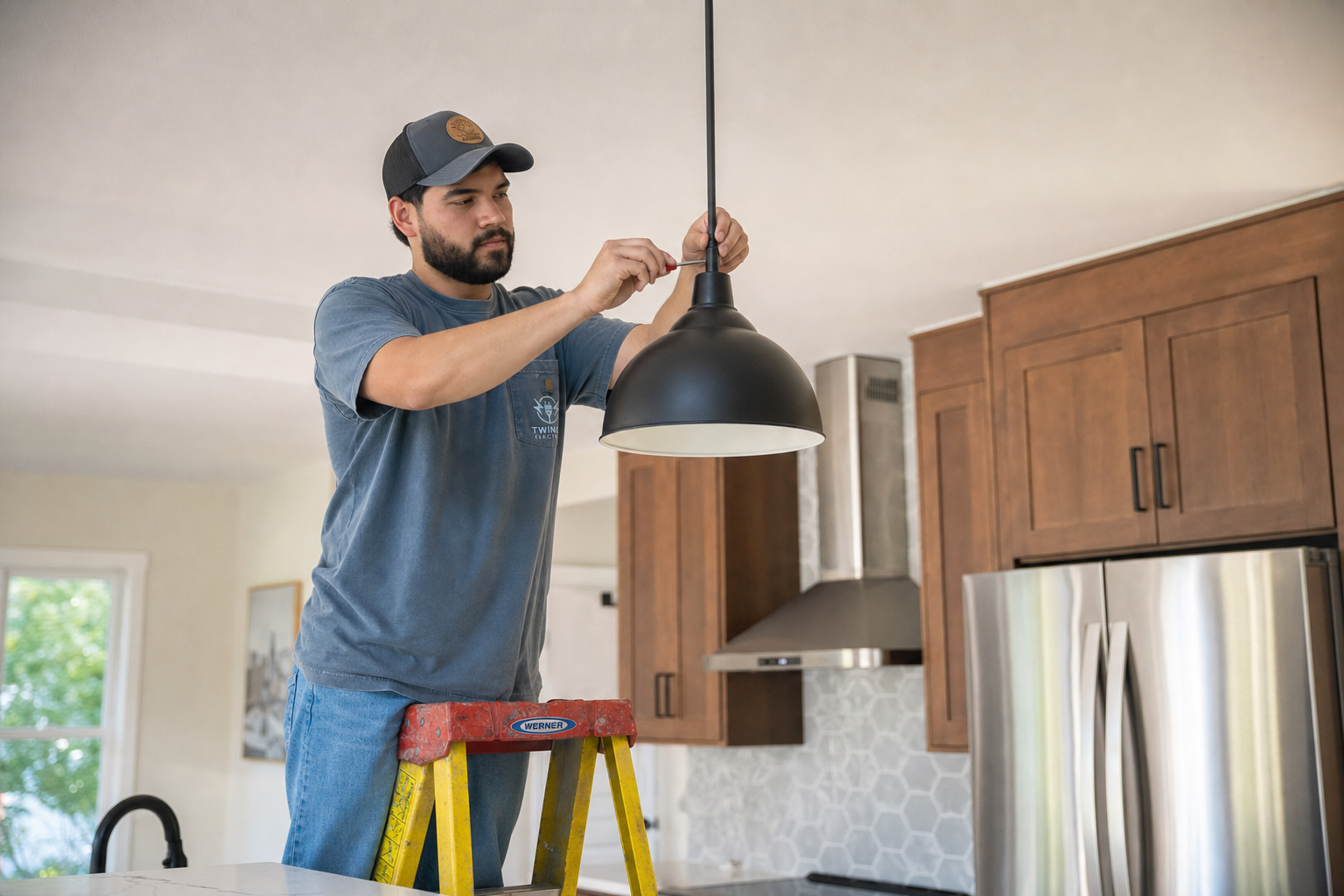 Electrician installing a ceiling light fixture in a home