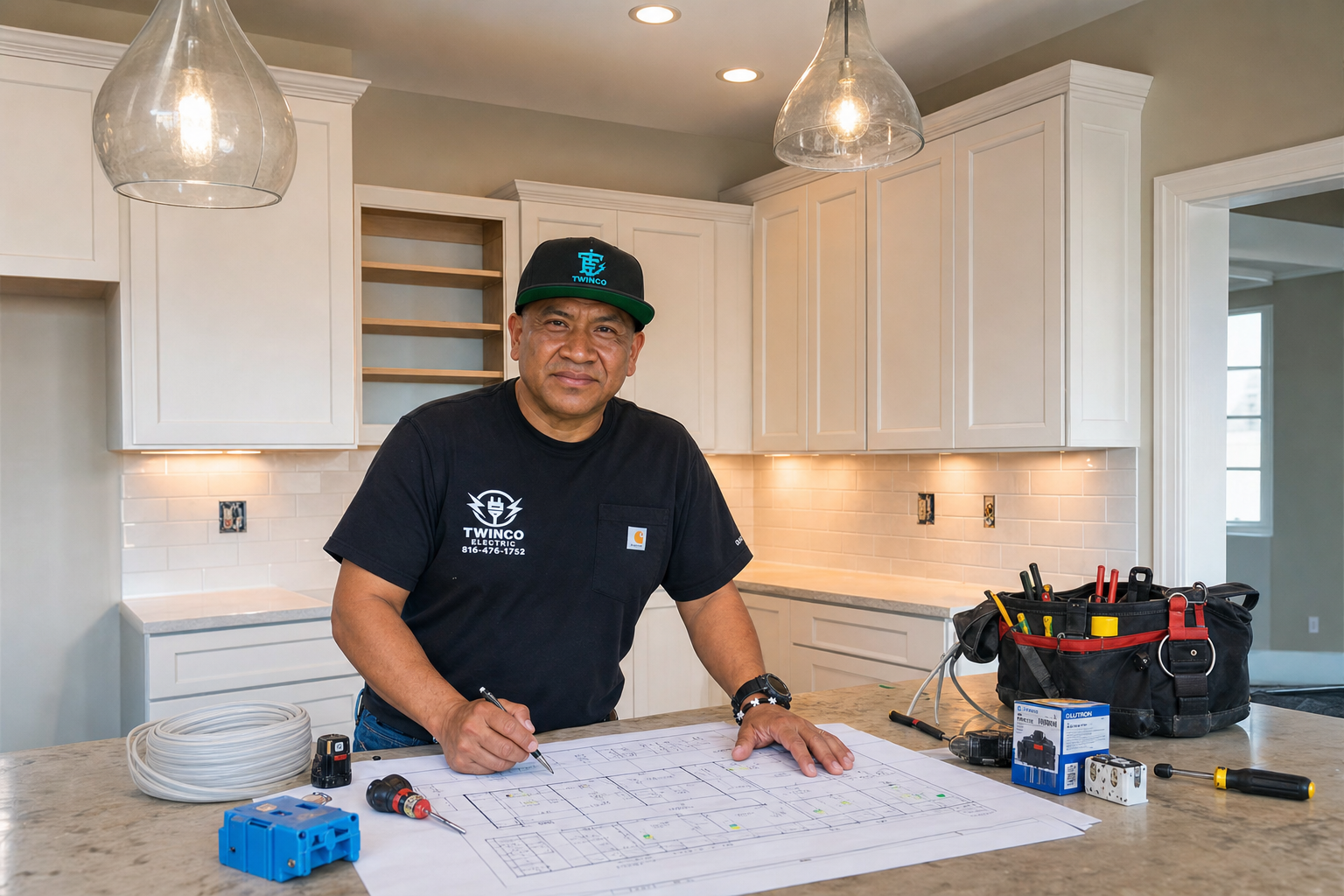Electrician reviewing residential lighting layout during a remodel