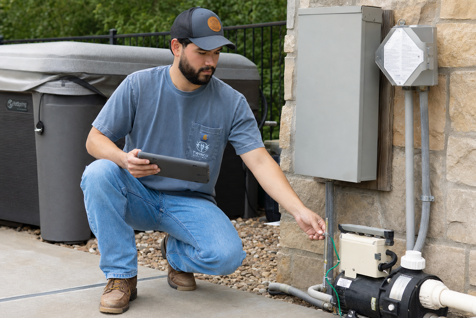 Electrician evaluating residential electrical service for outdoor equipment