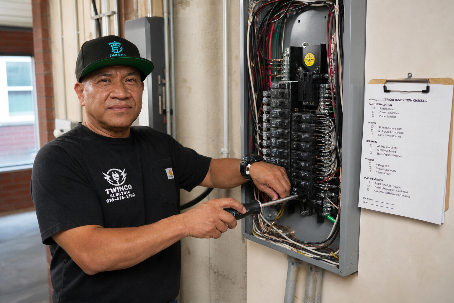 Residential electrician inspecting an electrical panel