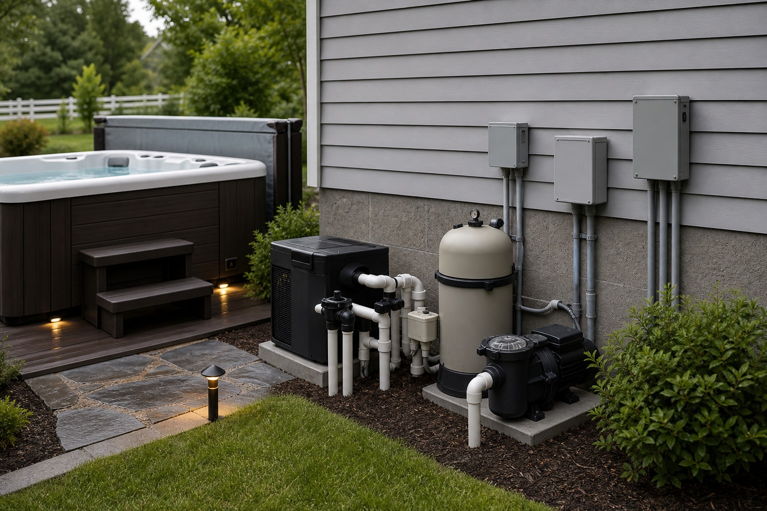 Hot tub and pool electrical load planning for a residential outdoor space