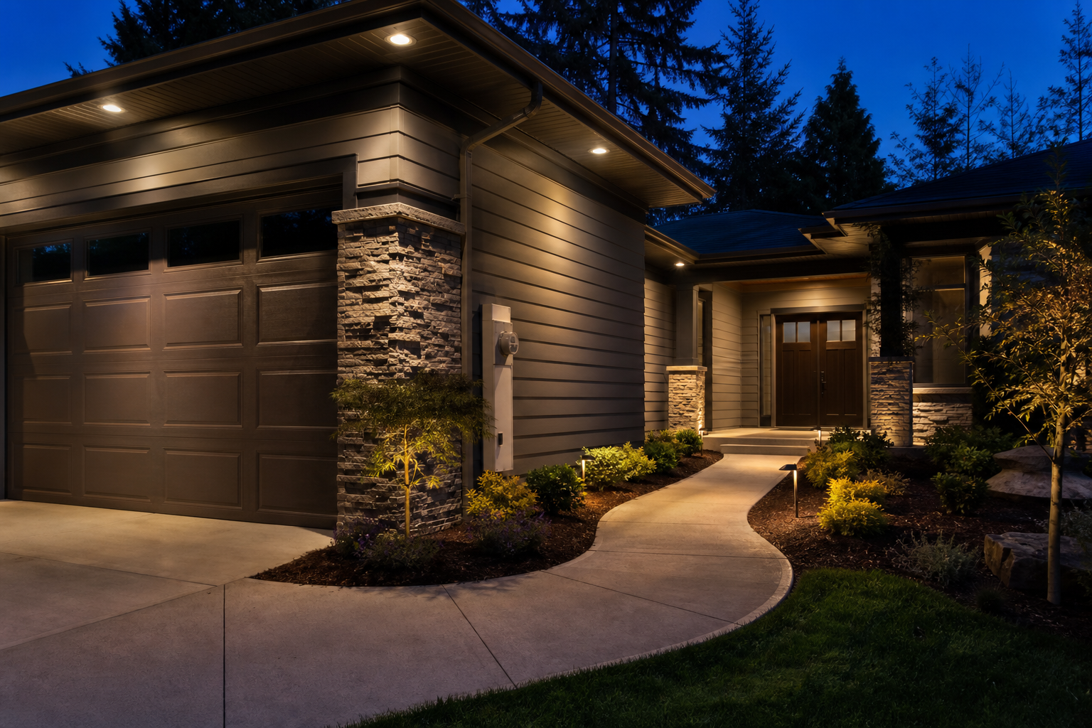 Residential exterior lighting installed near a garage, entry, and walkway