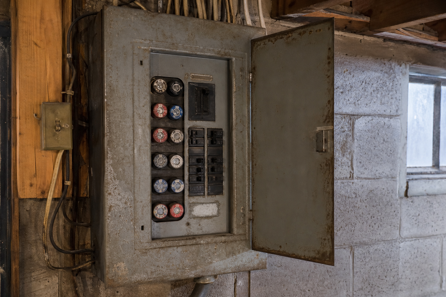 Outdated electrical panel with old breakers and wiring