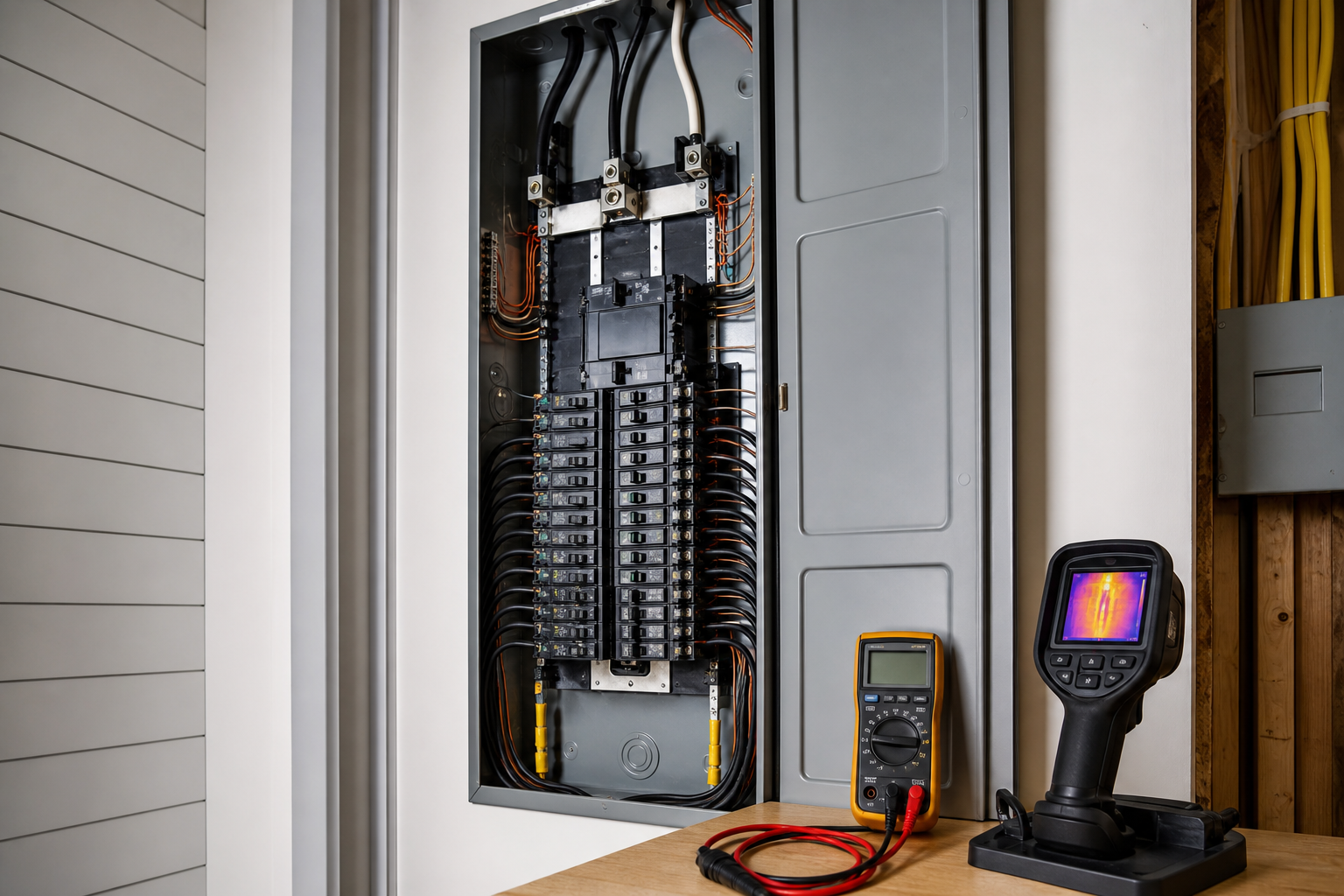 Outdated electrical panel with old breakers and wiring