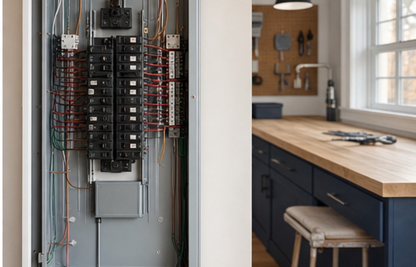 Organized residential electrical panel and clean electrical workspace