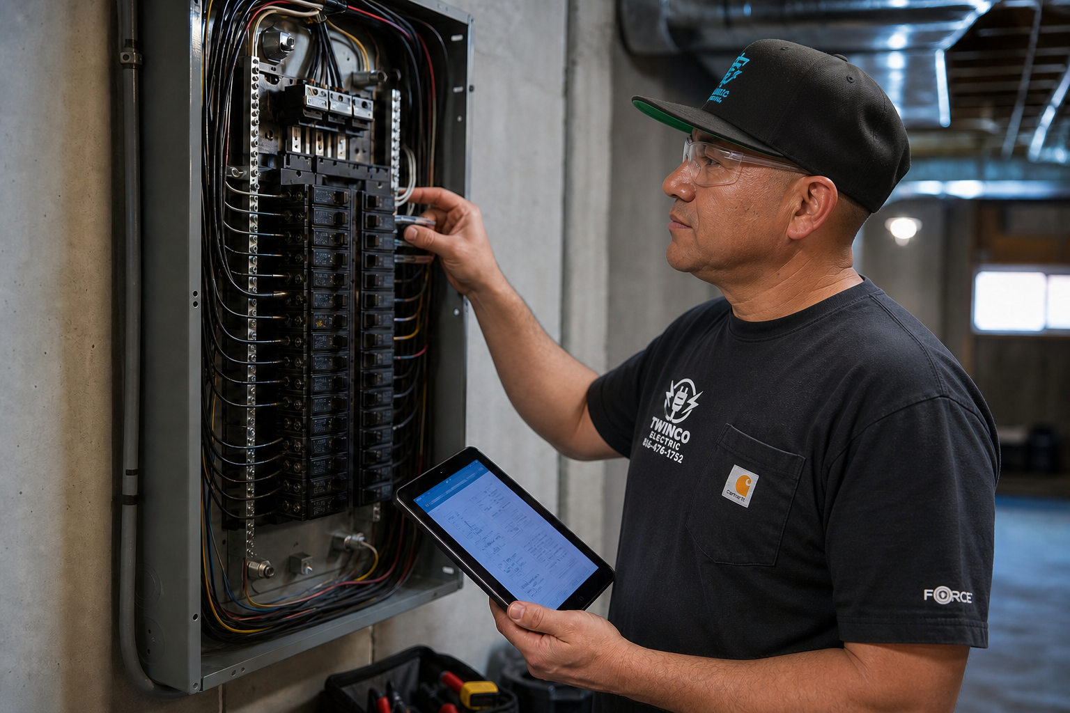 Mario of Twinco Electric evaluating residential electrical panel capacity