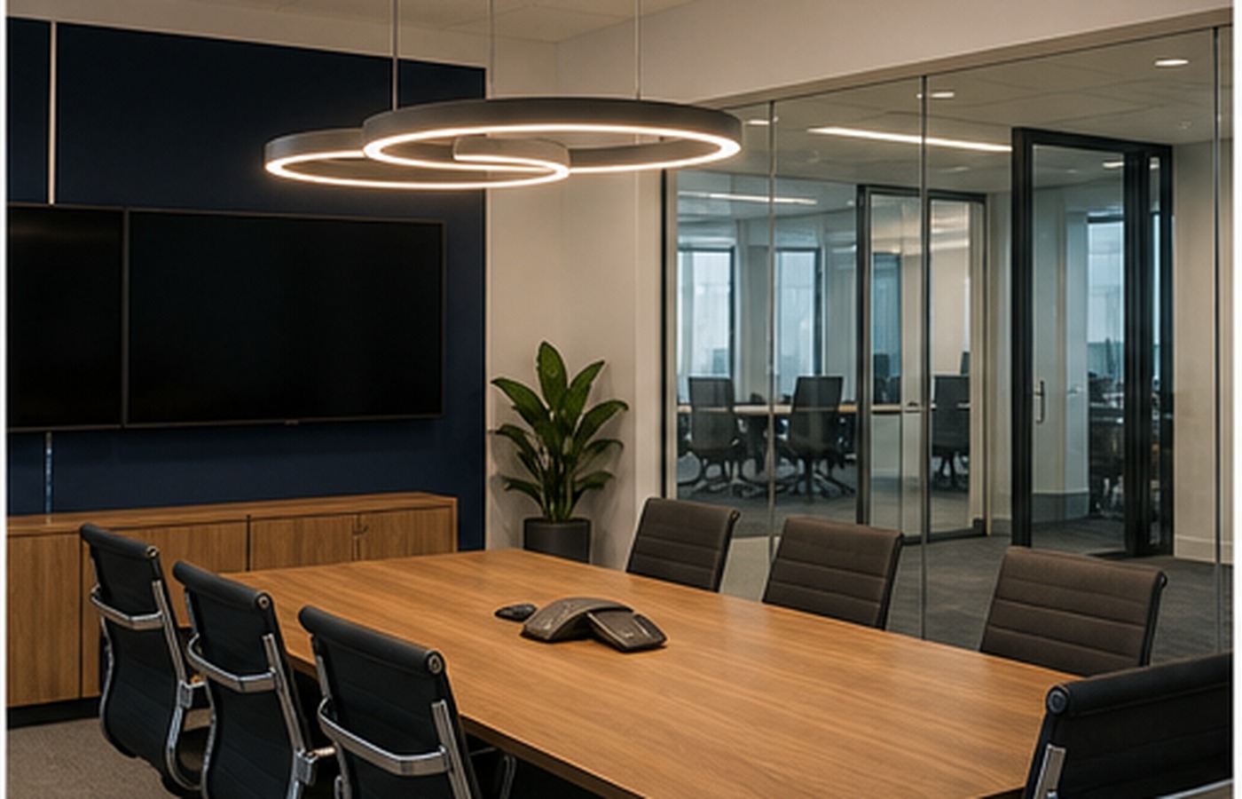 Finished commercial conference room with modern lighting