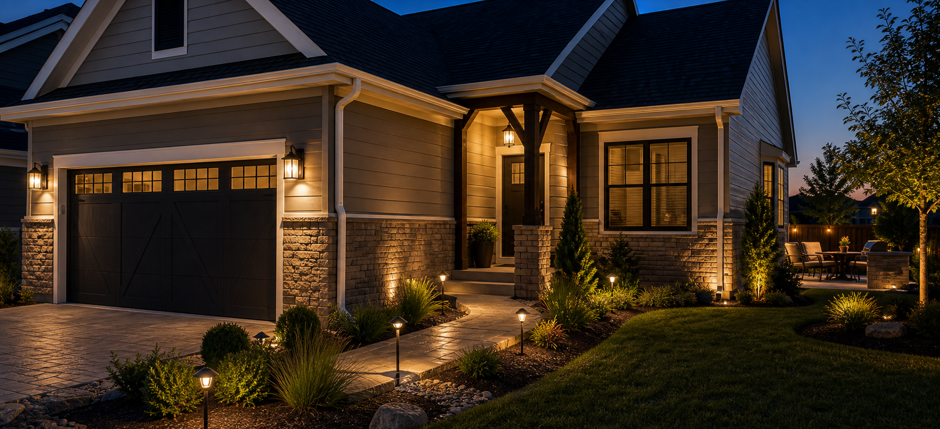 Residential exterior lighting installed near a garage, entry, and walkway