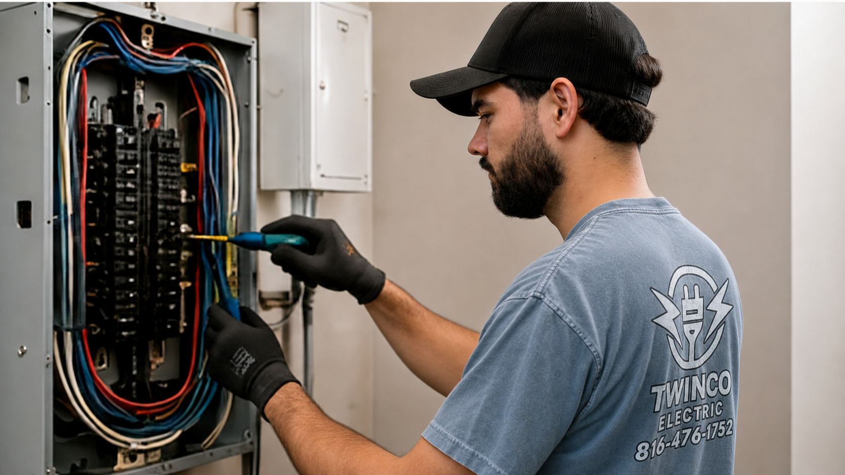 Simon of Twinco Electric inspecting residential electrical service equipment