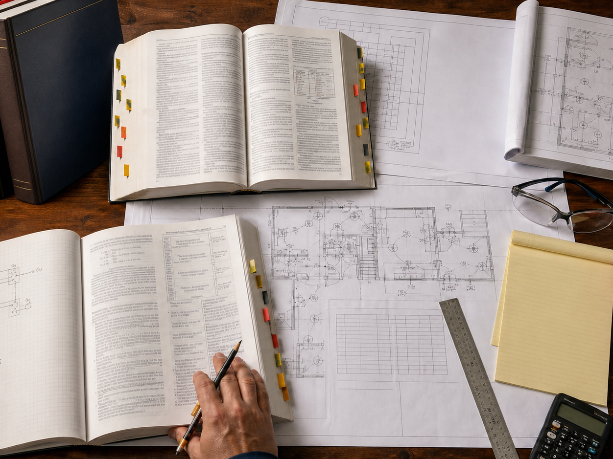 Electrical FAQs represented by electrical code books and schematics