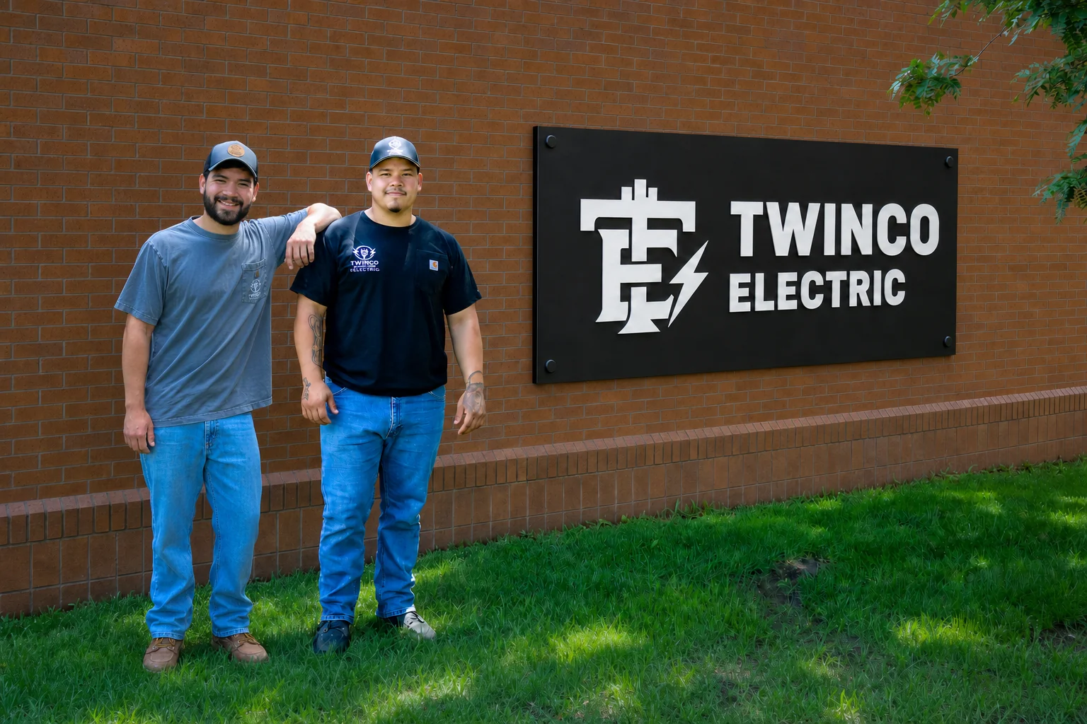 Simon and Sam in front of Twinco Sign