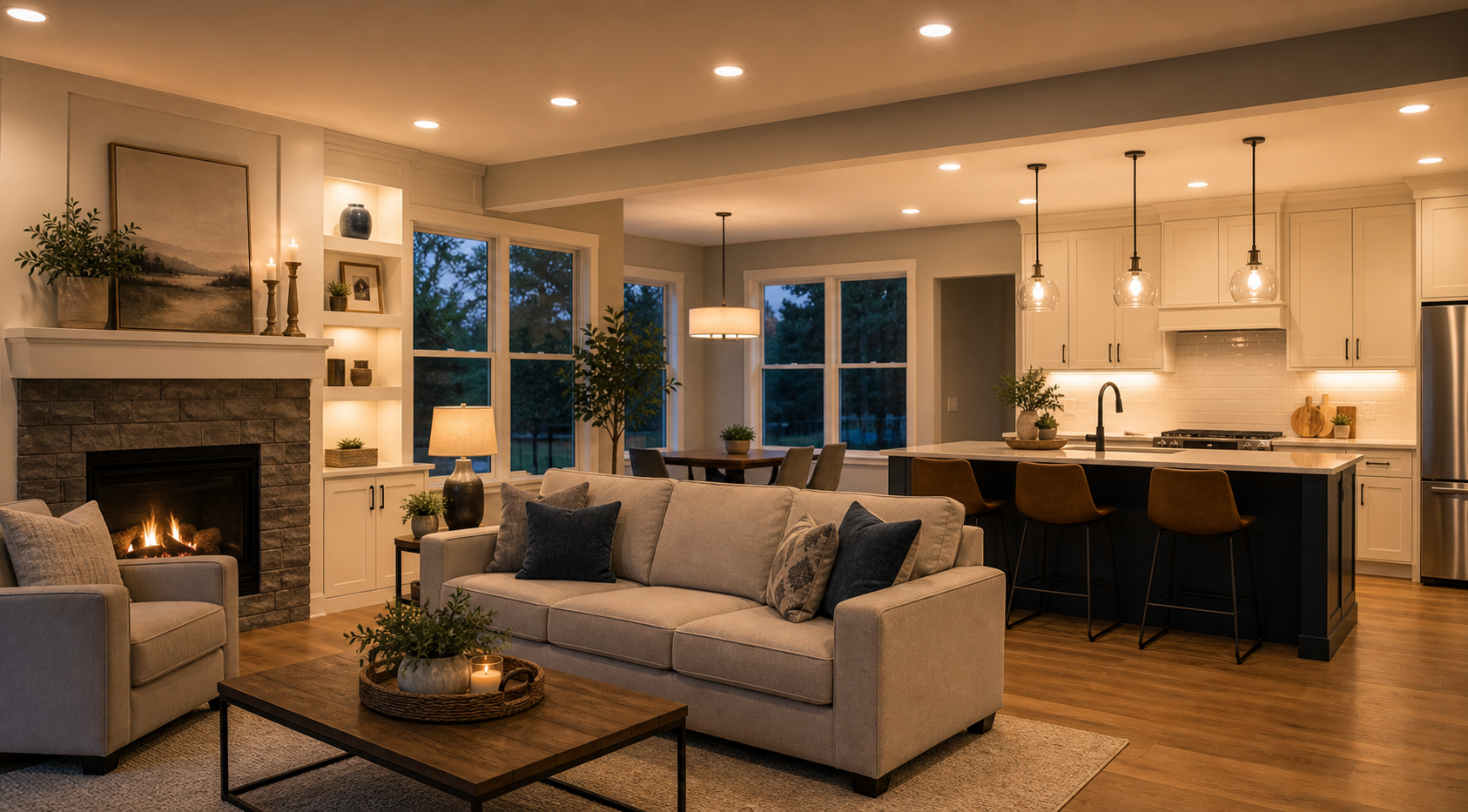Warm upgraded lighting in a finished residential living space